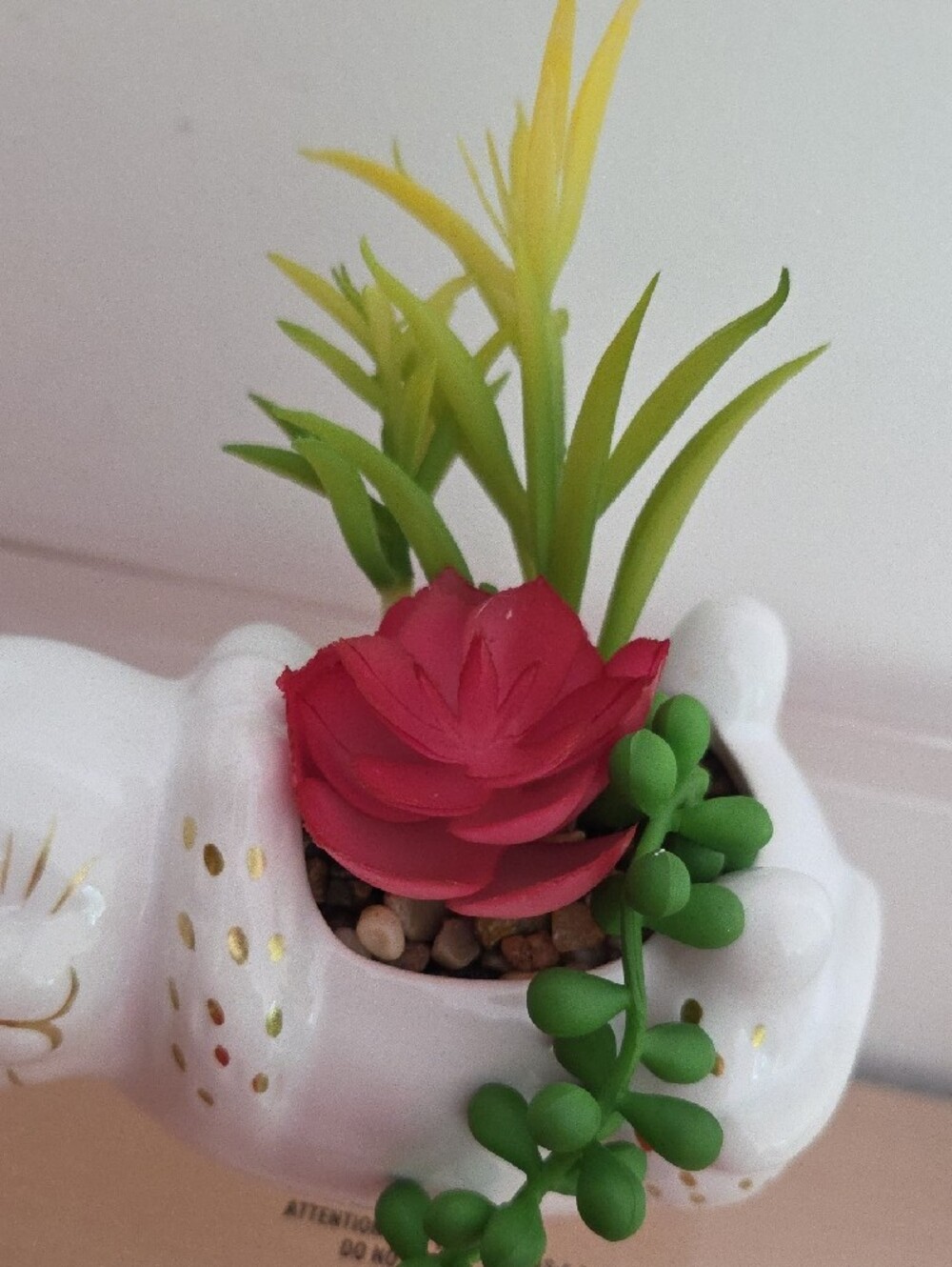 White Ceramic Cat Succulent Planter with Gold Accents - Picture 3 of 5